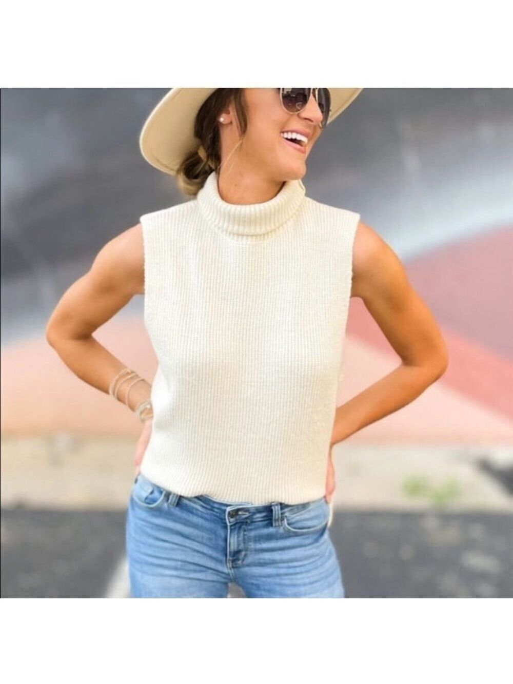 Double Zero Womens White Sleeveless Turtleneck Top Sweater